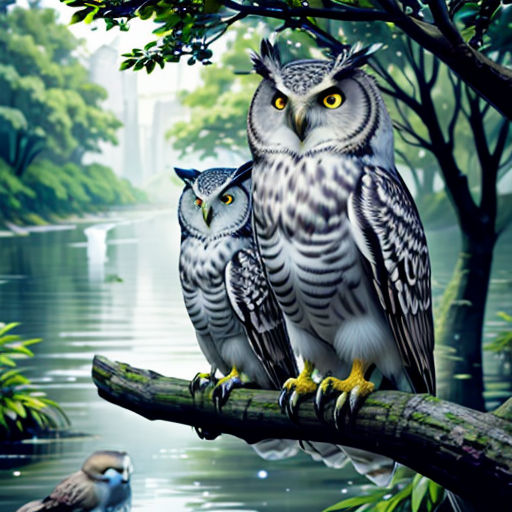 two owls sitting on a branch in a forest with a river and trees in the background, with a bird perched on the branch