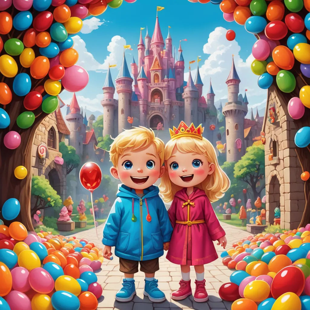 a couple of kids standing in front of a castle surrounded by balloons and balloons with a castle in the background, pop surrealism, a storybook illustration, Chris LaBrooy, highly detailed digital painting
