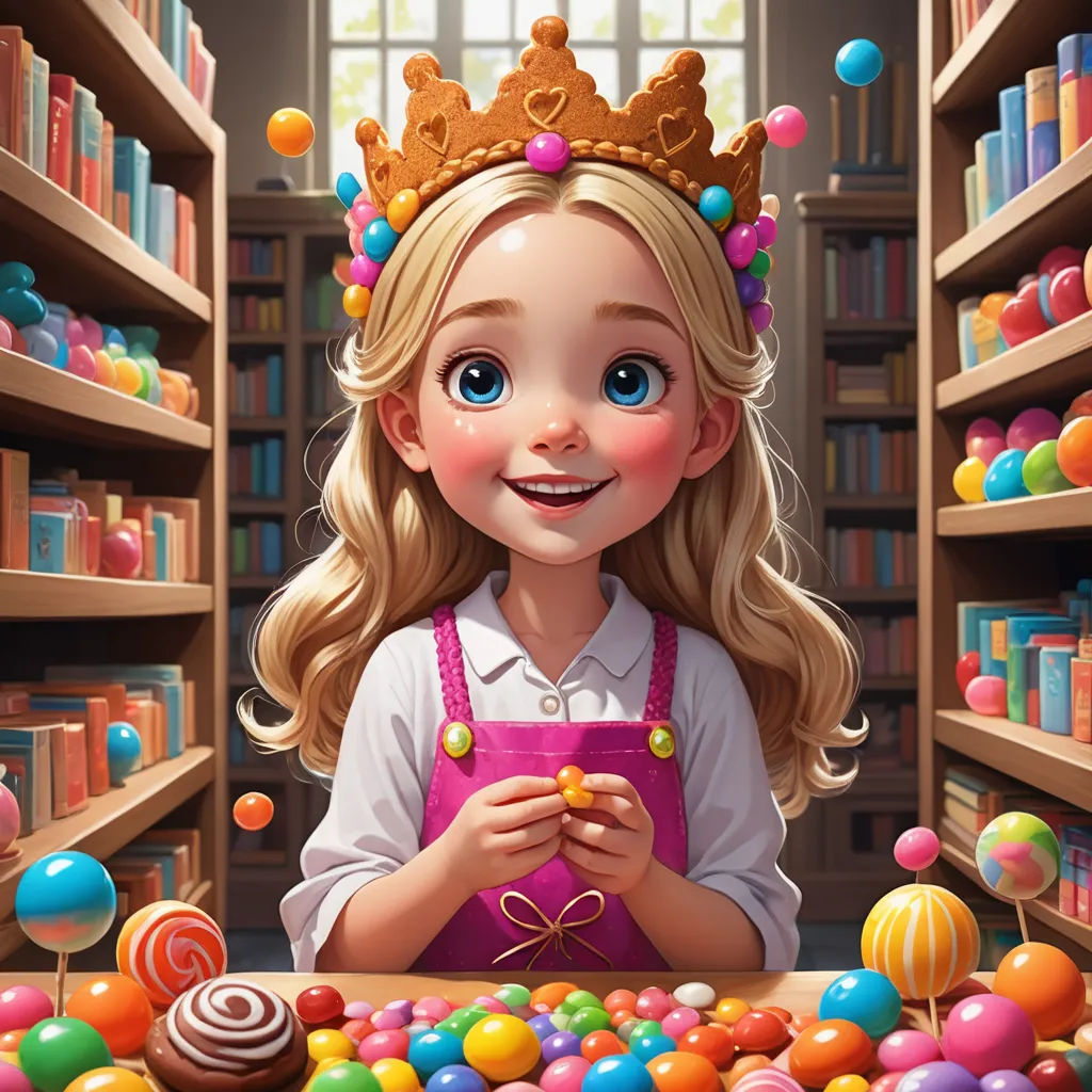 a cartoon girl with a crown on her head is surrounded by candy and candies in a library with a bookcase full of books, fantasy art, a storybook illustration, Clarice Beckett, storybook illustration