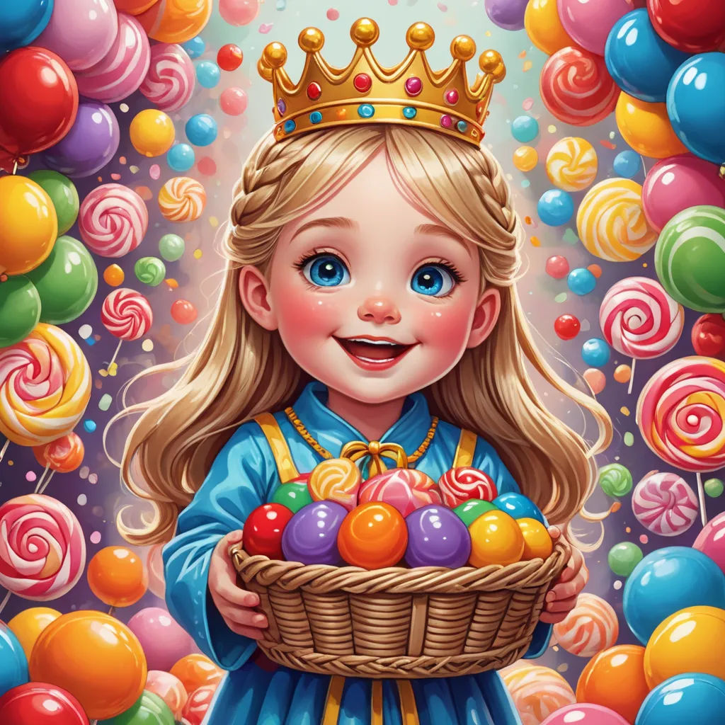 a painting of a little girl holding a basket of candy and balloons with a crown on her head and a blue dress, pop surrealism, a storybook illustration, Chris LaBrooy, highly detailed digital painting