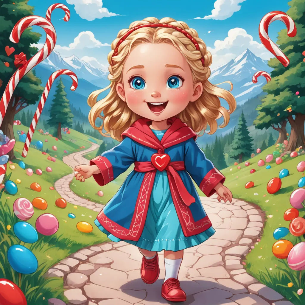a cartoon girl in a blue dress is walking down a path with candy canes and lollipops, fantasy art, a storybook illustration, Alice Prin, trending on art station