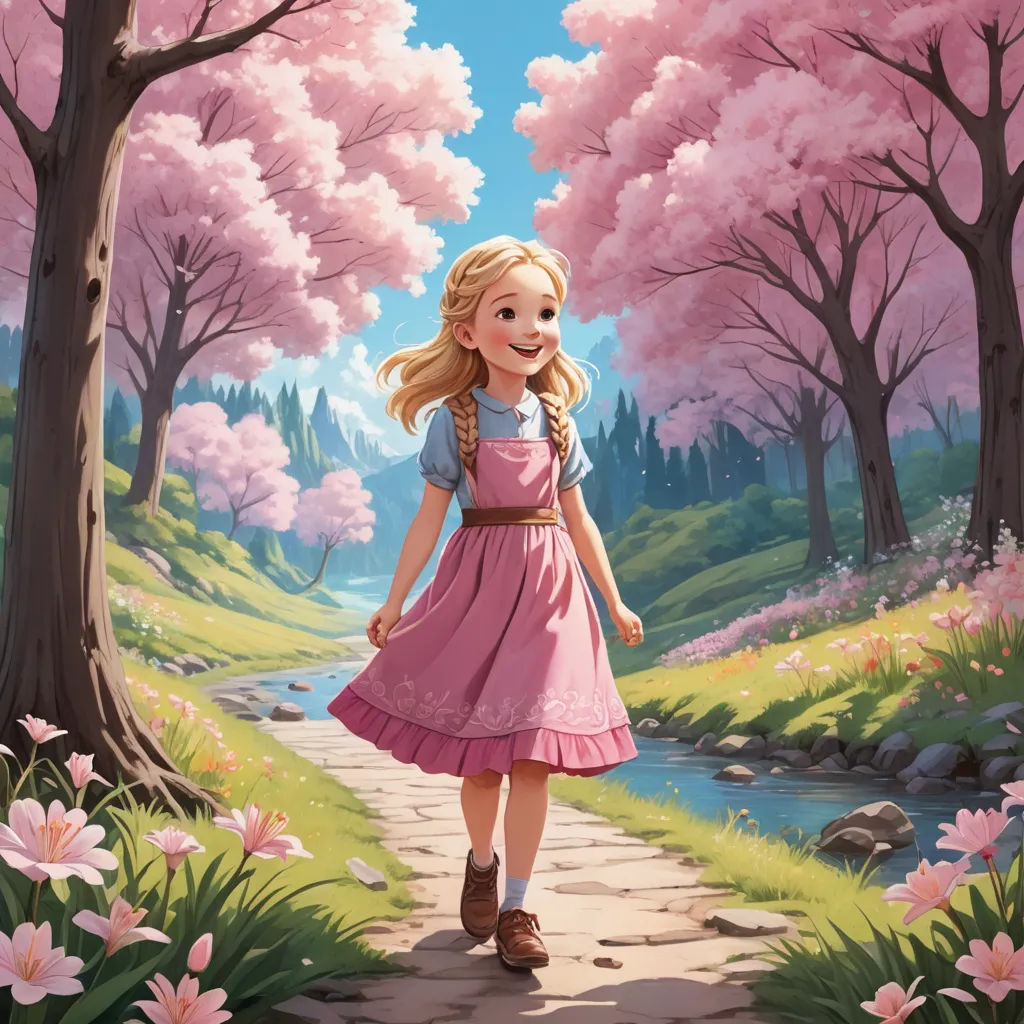 a painting of a girl walking down a path in a park with pink flowers on the trees and a stream of water, fantasy art, a storybook illustration, Alice Prin, rossdraws global illumination