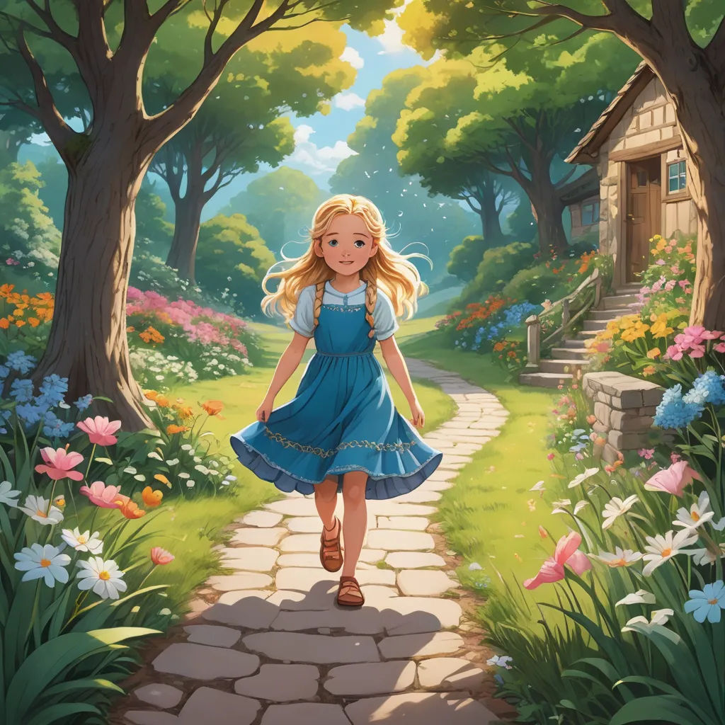 a painting of a girl walking down a path in a park with flowers and trees on either side of the path, fantasy art, a storybook illustration, Alice Prin, official art