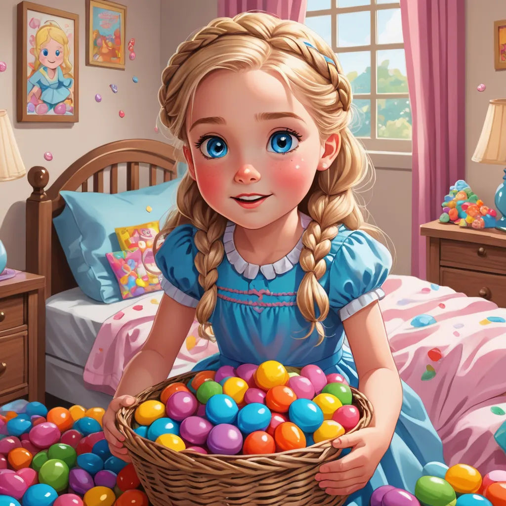 a painting of a girl holding a basket of eggs in a bedroom with a bed and a window behind her, pop surrealism, a storybook illustration, Alice Prin, highly detailed digital painting