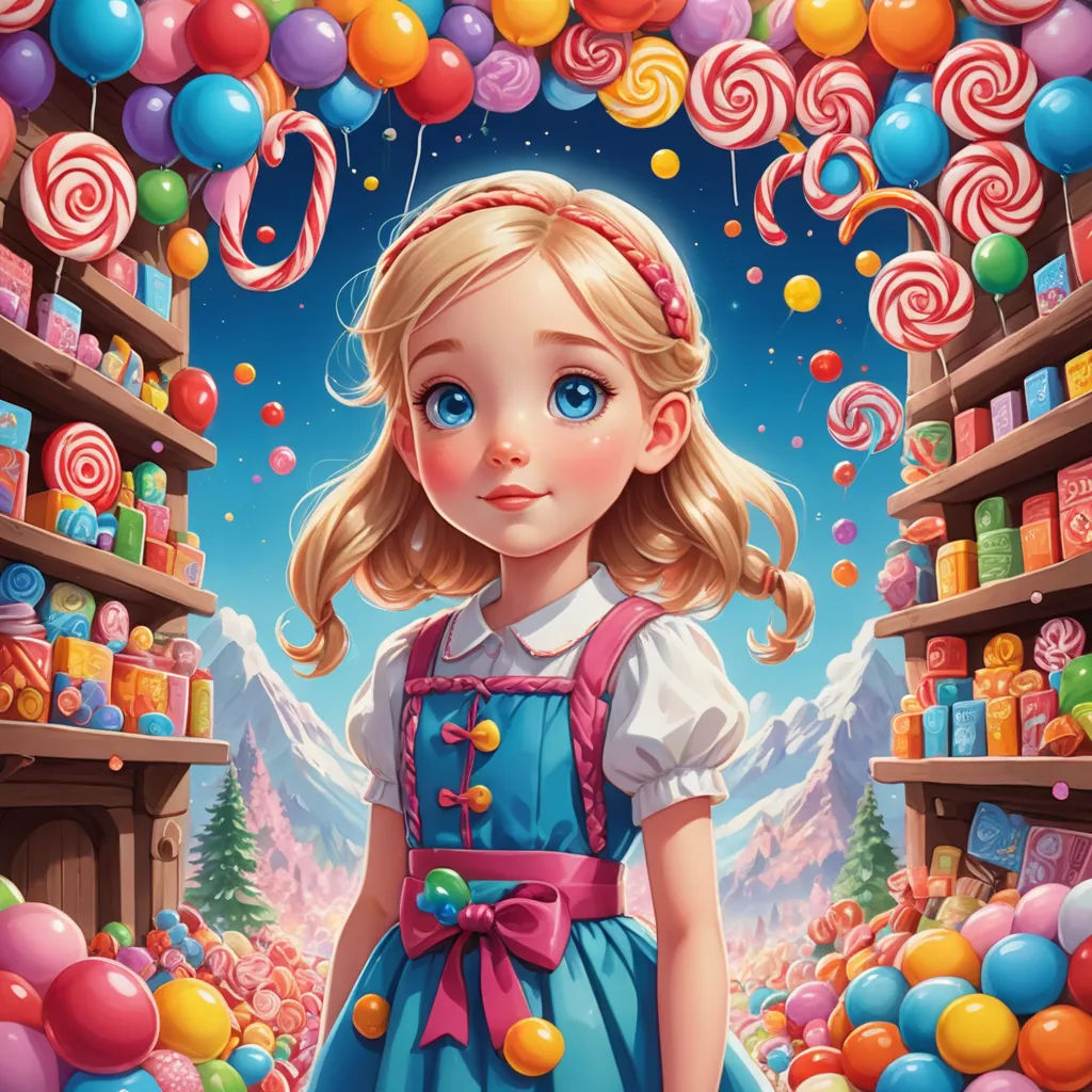 a painting of a girl in a candy shop surrounded by balloons and candy bars and a christmas tree with a candy cane, pop surrealism, a storybook illustration, Alice Prin, highly detailed digital painting