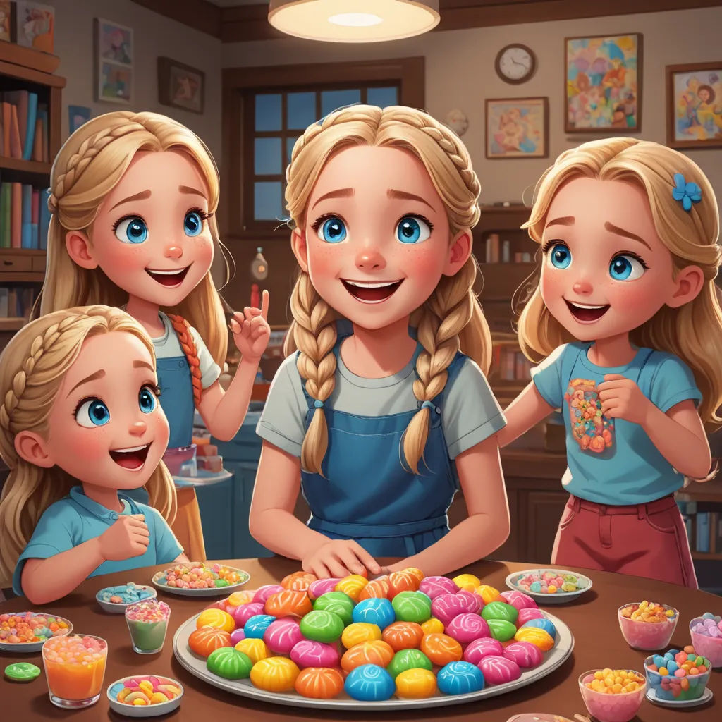 a group of girls standing around a table with a cake and candy on it and a plate of cookies, process art, a storybook illustration, disney, animated