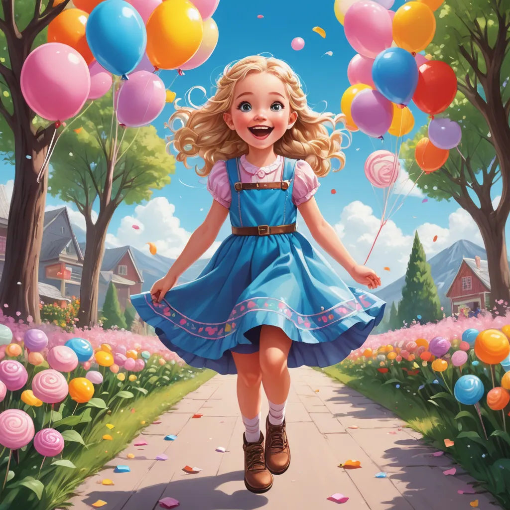 a girl in a blue dress is walking down a path with balloons and streamers in the air above her, fantasy art, an ultrafine detailed painting, Chris LaBrooy, rossdraws global illumination