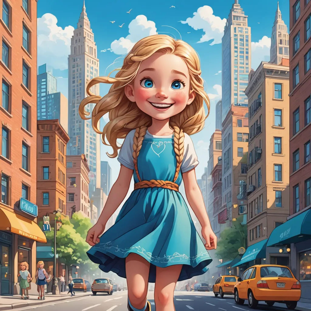 a cartoon girl walking down a city street in a dress and heels with a braid in her hair and a smile on her face, lyco art, a storybook illustration, Cliff Childs, rossdraws global illumination