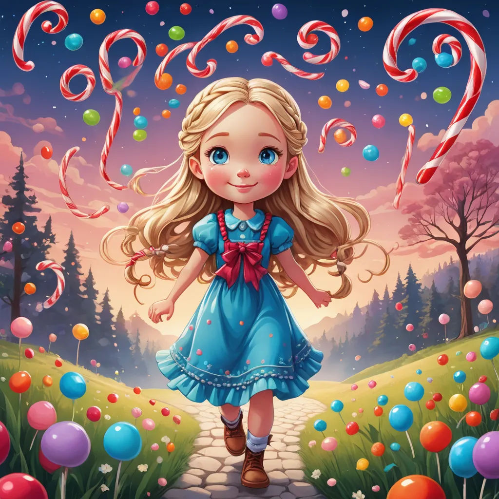 a girl in a blue dress is walking through a field with balloons and candy canes in the air, pop surrealism, a storybook illustration, Alice Prin, rossdraws global illumination