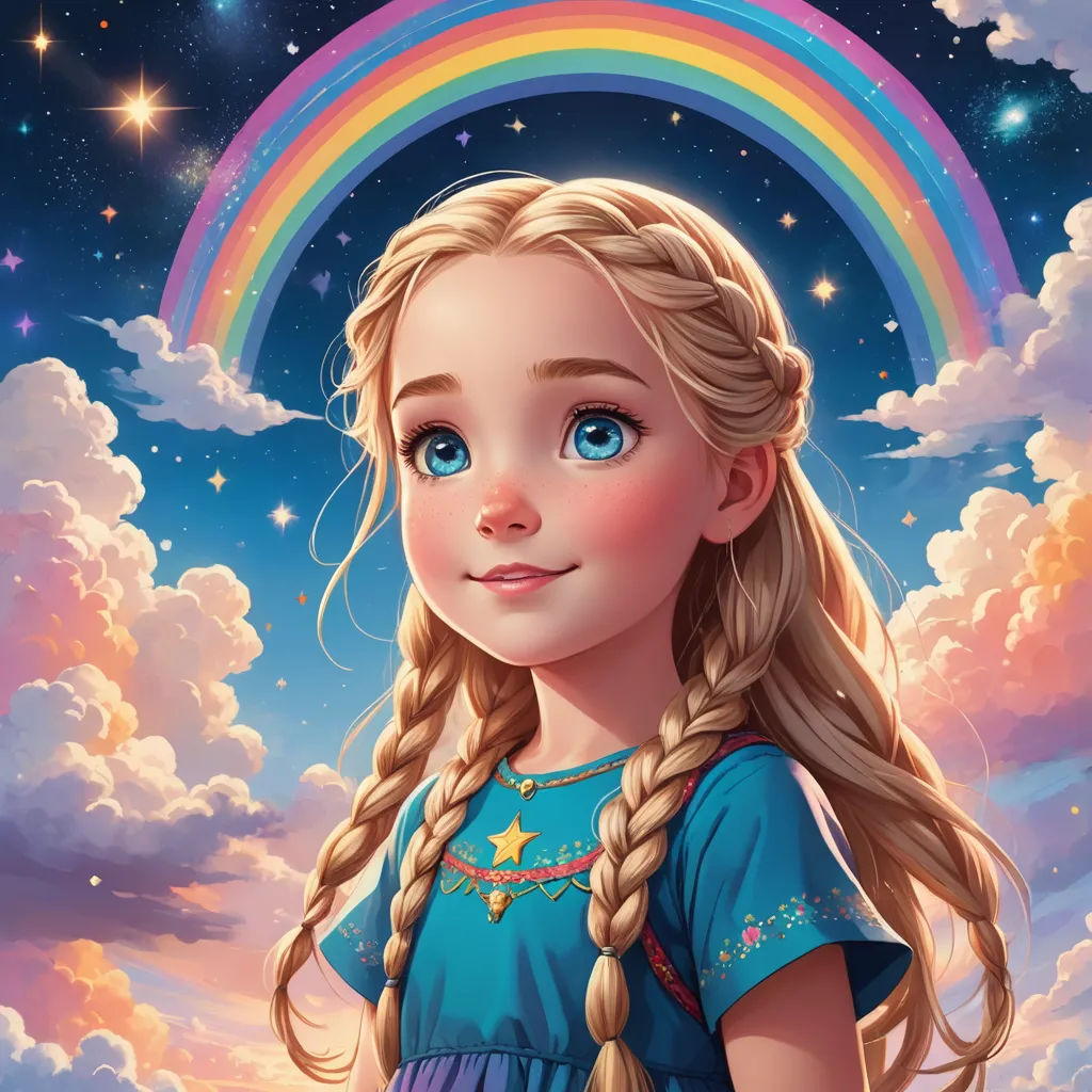 a painting of a girl with long blonde hair and a rainbow in the background with clouds and stars in the sky, fantasy art, an ultrafine detailed painting, Drew Struzan, rossdraws global illumination