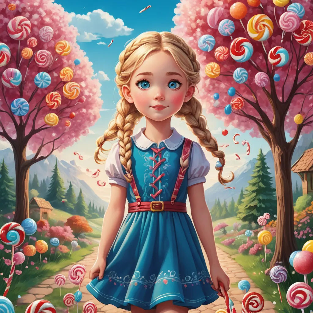 a painting of a girl in a blue dress holding a lollipops in a park with trees and lollipops, pop surrealism, a storybook illustration, Alice Prin, highly detailed digital painting