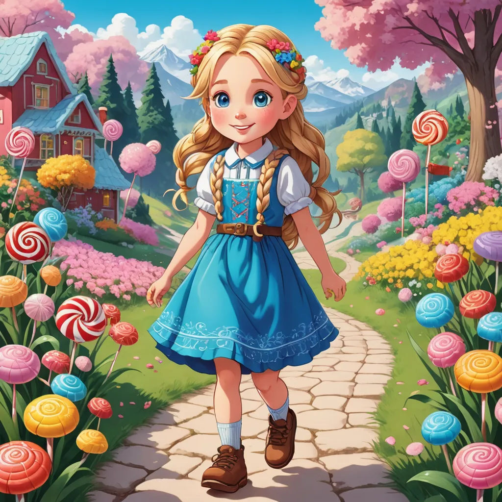 a girl in a blue dress is walking through a flower garden with lollipops and a house, fantasy art, a storybook illustration, Alice Prin, official art