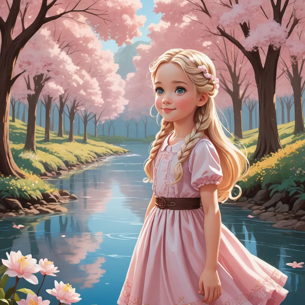 a painting of a girl in a pink dress by a river with pink flowers in the background and a pink tree with pink blossoms, fantasy art, a storybook illustration, Alice Prin, storybook illustration