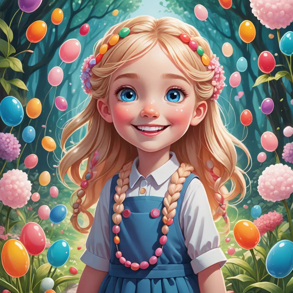 a painting of a girl in a blue dress surrounded by balloons and flowers and trees with a forest in the background, pop surrealism, an ultrafine detailed painting, Alice Prin, highly detailed digital painting