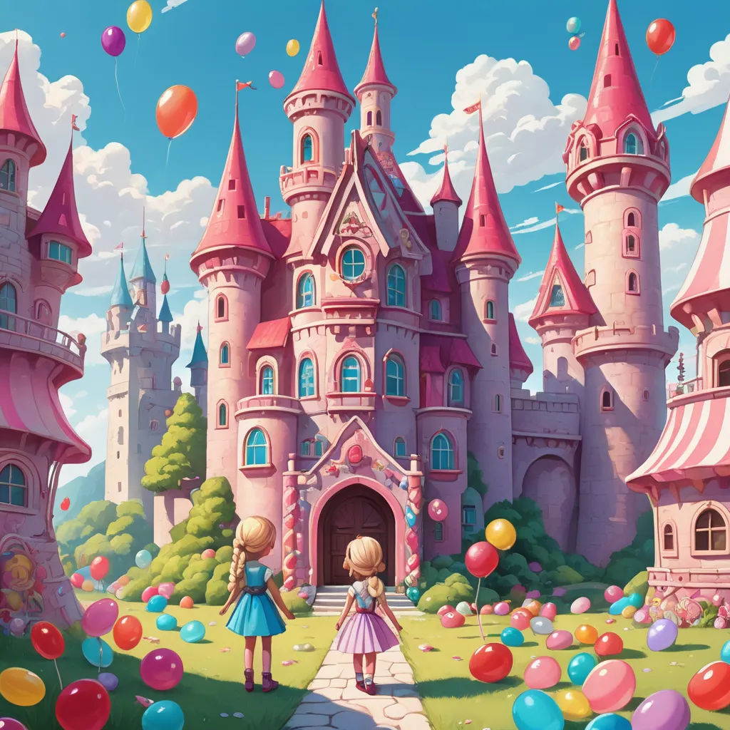 a cartoon of a castle with a little girl and a boy standing in front of it with balloons in the air, fantasy art, a storybook illustration, Chris LaBrooy, rossdraws global illumination