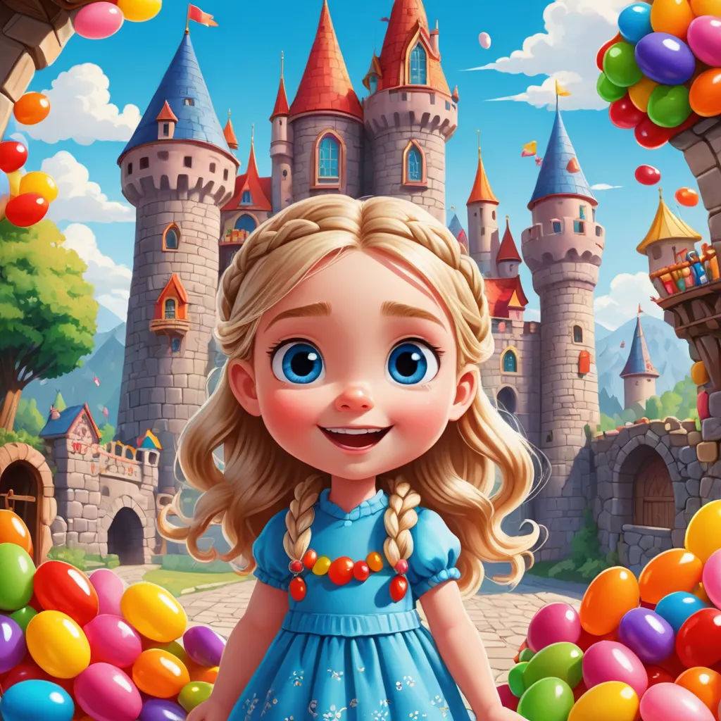 a cartoon girl in a blue dress standing in front of a castle with balloons and a castle in the background, fantasy art, a storybook illustration, Chris LaBrooy, behance hd