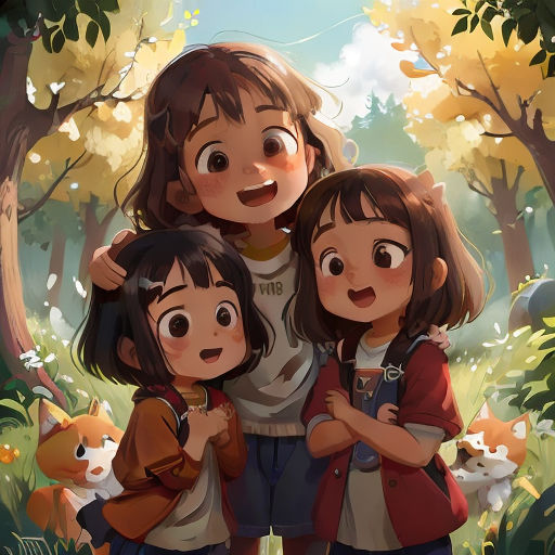 a couple of kids standing next to each other in a forest with a cat on the ground and a dog on the ground