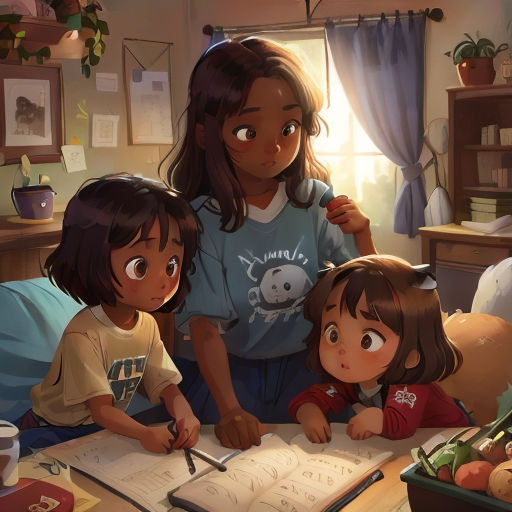 three children are sitting at a table with a book and pen in front of them, and a book open to a story