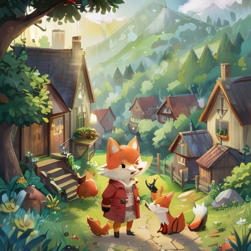 a fox and a fox cub in a forest with a house and a forest background with a fox and a fox cub