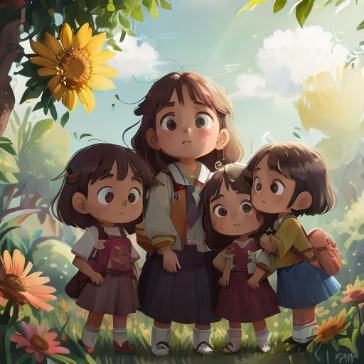 a group of children standing in front of a tree with a sunflower in the background and a sky background