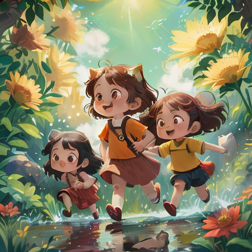 three children running through a forest with sunflowers in the background and a cat on the back of the girl