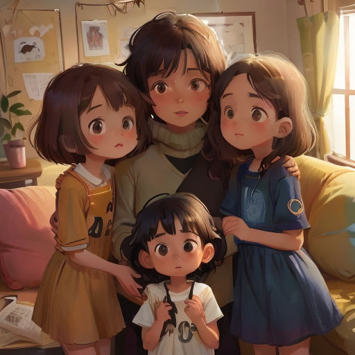 a family of three standing next to each other in a living room with a couch and window behind them