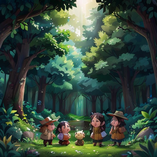 a group of children standing in the woods with a bear in front of them and a forest background with trees