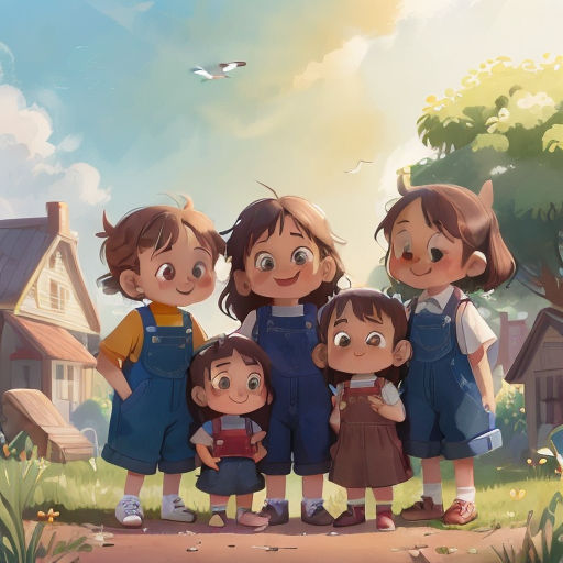 a family of five standing in front of a house with a bird flying overhead in the sky above them