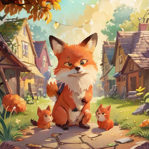 a fox and her cubs in a cartoon style by a tree and a house with a bird on it