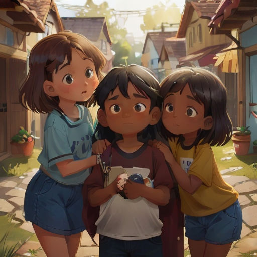 three children standing in a village with a small bird on their shoulder and a bird on their shoulder, and a bird on their shoulder