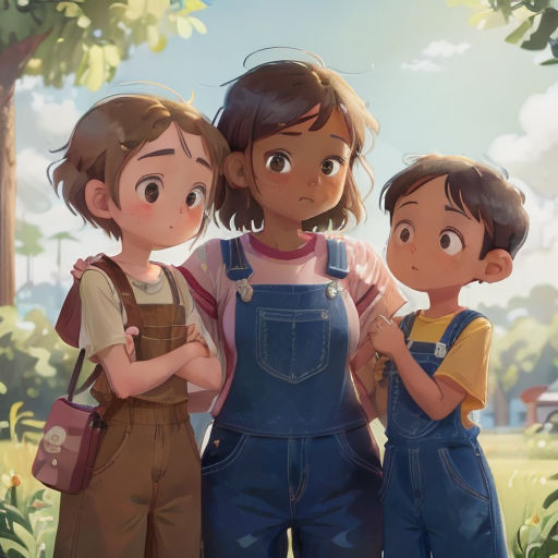 three children standing next to each other in a park with trees and grass in the background, with a sky background