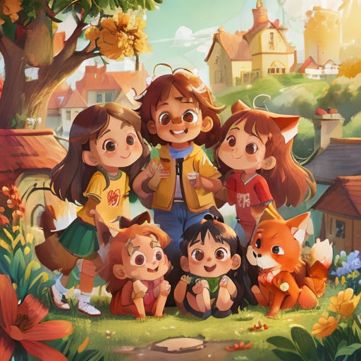a group of children standing in front of a forest with a fox and other animals in the background, with a city in the background