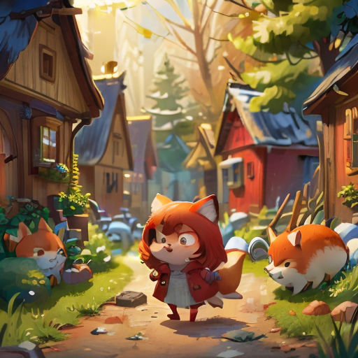 a little girl is walking through a forest with foxes and other animals in the background, and a red fox is standing in the foreground