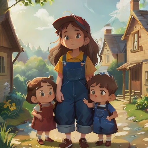 a mother and two children standing in front of a house with a dog on the other side of the house