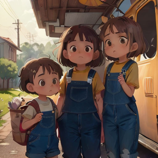 three children standing in front of a school bus with a backpack on their back and a backpack on their shoulder
