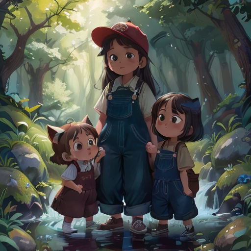 a mother and two children standing in the woods with a stream behind them and trees in the background, with a forest scene in the background