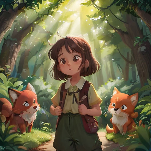 a girl in a forest with two foxes and a light shining through the trees behind her, with a forest scene in the background