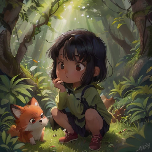 a little girl kneeling down next to a red fox in the forest with a light shining on her face