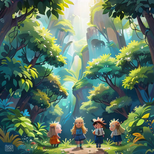 three children walking through a forest with a waterfall in the background and a sunbeam in the sky above