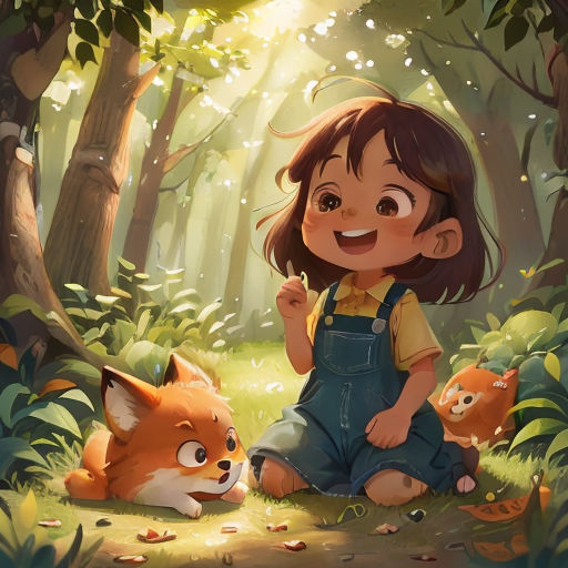 a little girl sitting in the woods with a fox and a fox cub next to her, and a forest background