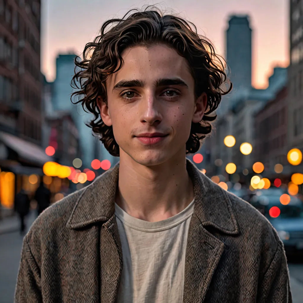 a man standing on a street corner with a city in the background at night time with a lit up street, private press, a portrait, Everett Warner, hd shot