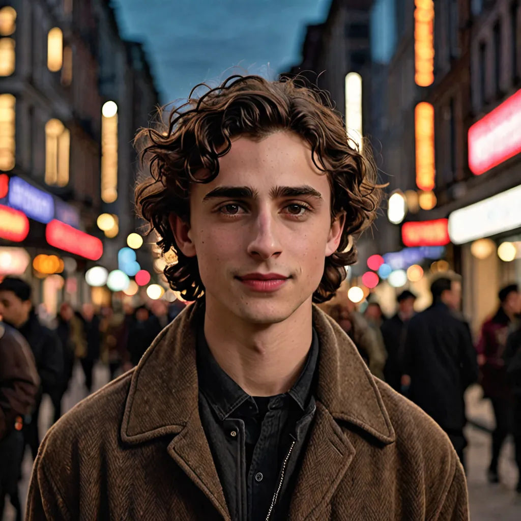 a man standing on a street corner in a city at night with people walking around and buildings lit up, aestheticism, a portrait, Erlund Hudson, imax 70 mm footage