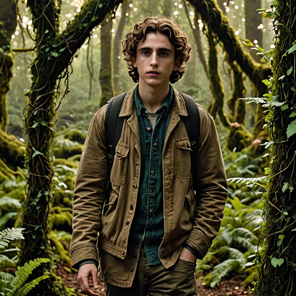 a man standing in a forest with a backpack on his back and a backpack on his shoulder, with a backpack on his shoulder, naturalism, a poster, David Budd, promotional image