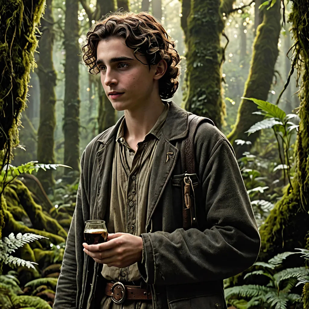 a man in a forest holding a glass of beer in his hand and looking at the camera with a serious look on his face, pre-raphaelitism, a character portrait, Aloysius O'Kelly, promotional image