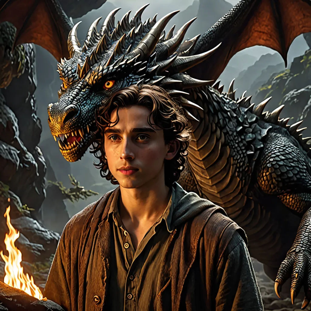 a man standing next to a dragon on a fire pit in a forest with a forest background and a fire, fantasy art, a poster, Abidin Dino, promotional image
