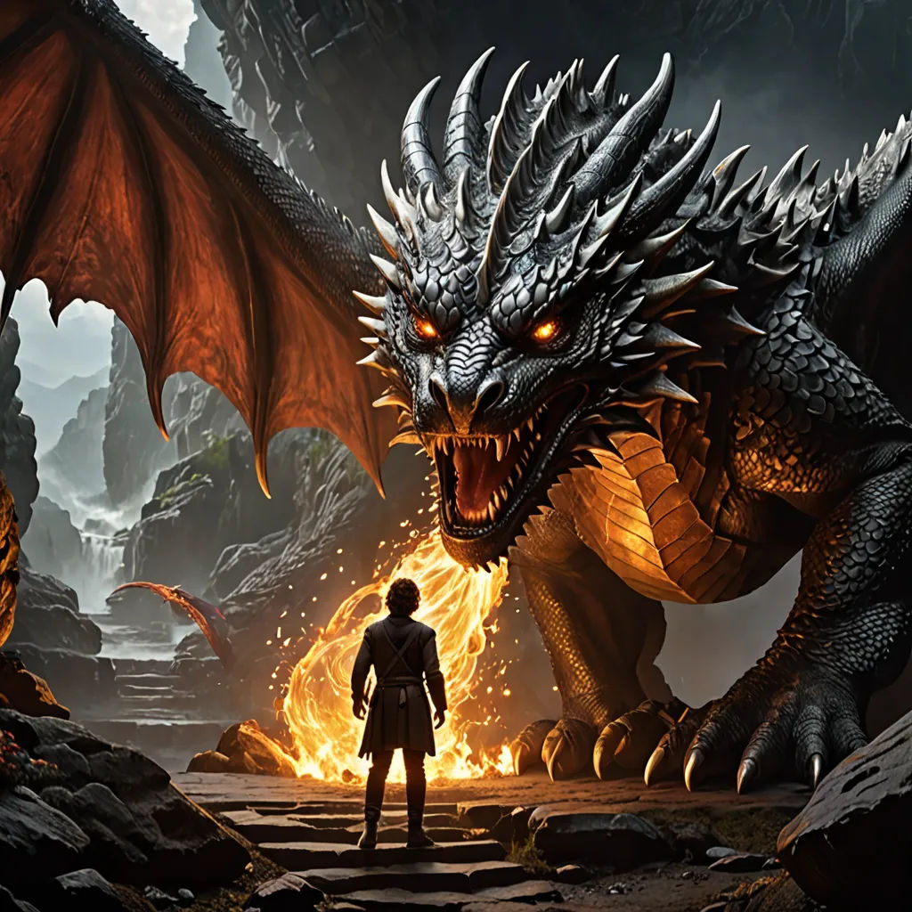 a man standing in front of a dragon next to a fire pit with a fire breathing dragon on it, fantasy art, a poster, Daryush Shokof, dragon art