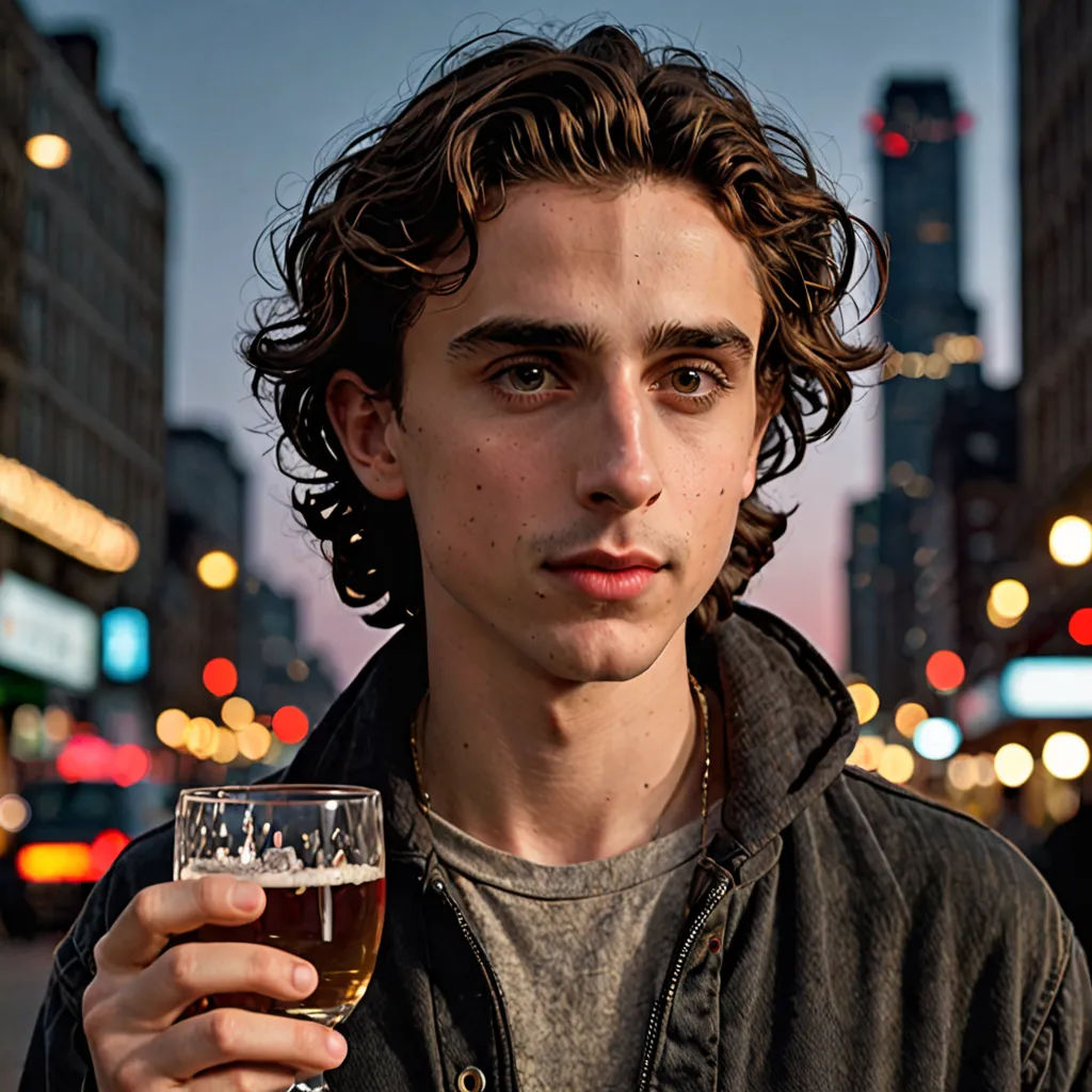 a man holding a glass of wine in a city street at night time with buildings in the background and lights on, private press, a renaissance painting, David Budd, pbr