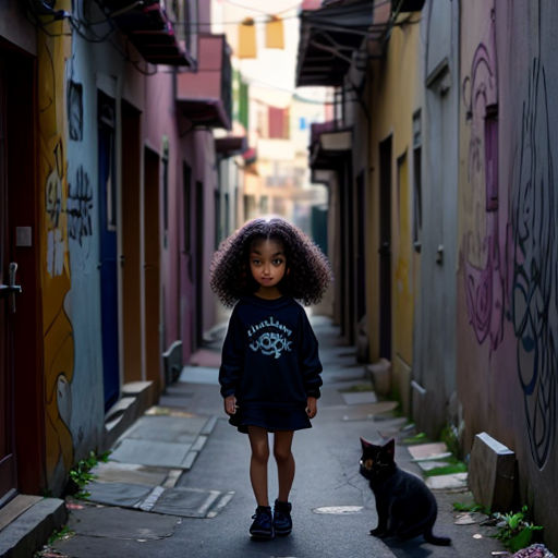 a little girl standing in an alley with a cat nearby on a sunny day in the city with graffiti on the walls