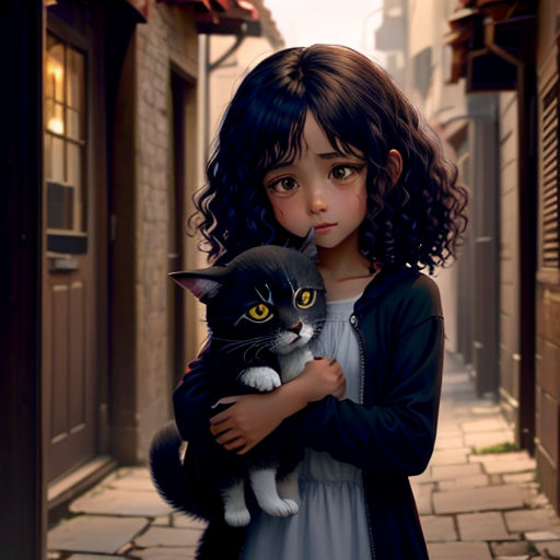 a painting of a girl holding a cat in a alleyway with a cat on her shoulder and a cat on her shoulder