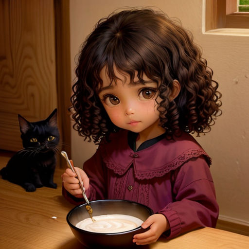 a painting of a little girl eating cereal with a black cat nearby on a table in a room with wood paneling